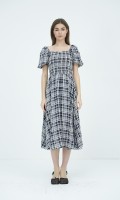 SIXDO G-Navy Short Sleeves Woven Flared Dress for Women
